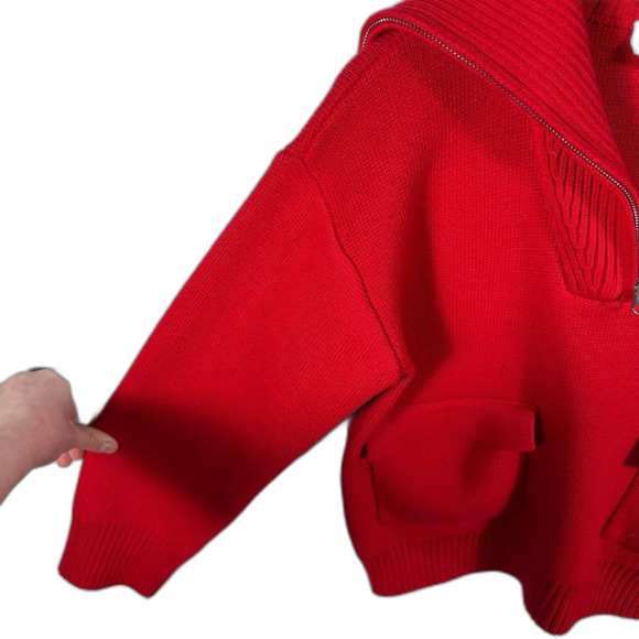 Anthropologie Red Crop Half-Zip Pullover Sweater Pockets Size XS Valentine's Day - Picture 7 of 16